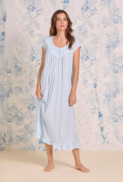 Eileen West Aqua Petals Cotton Knit Cap Sleeve Ballet Nightgown