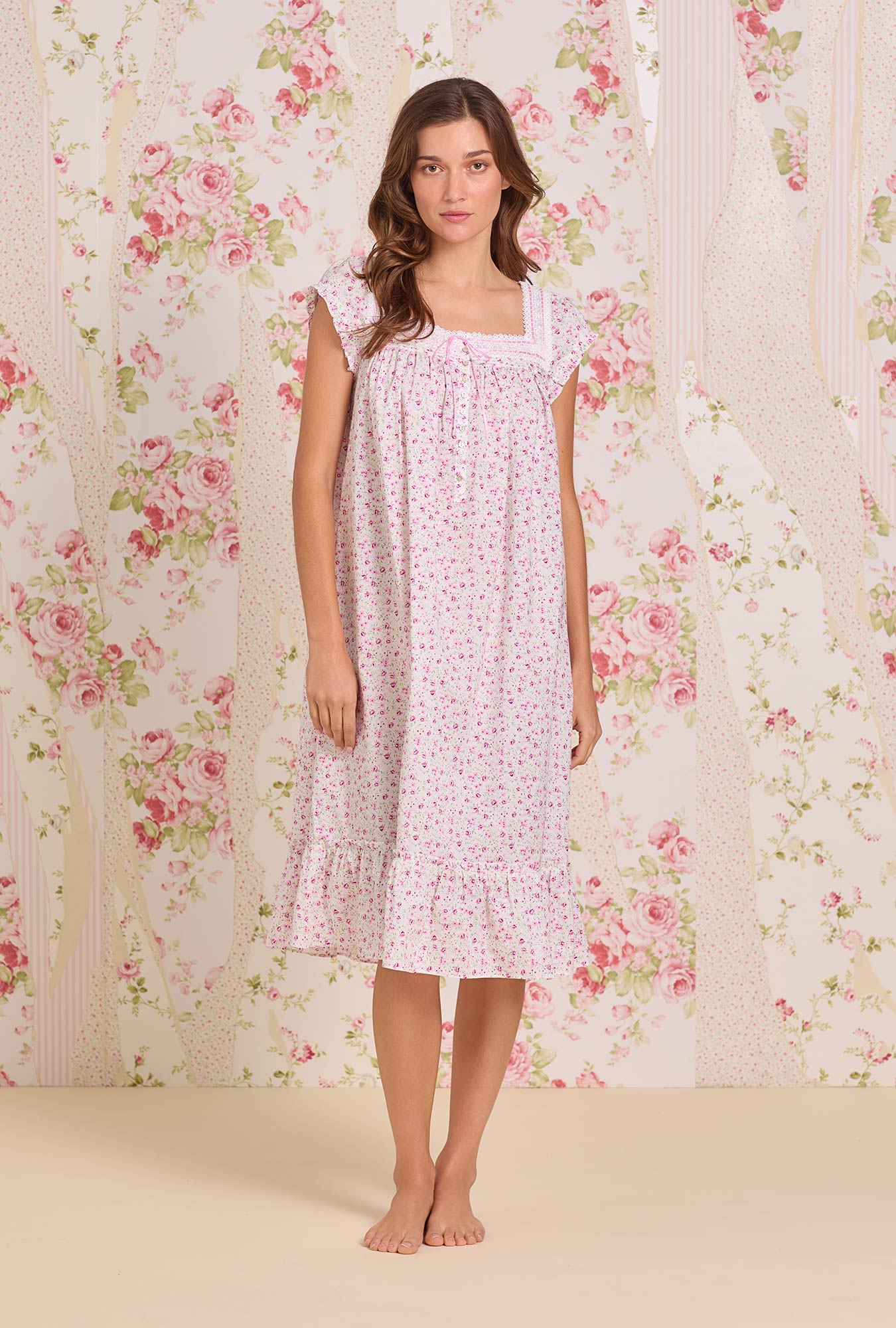 Eileen West Sweet Ditsy Cotton Lawn Cap Sleeve Waltz Nightgown