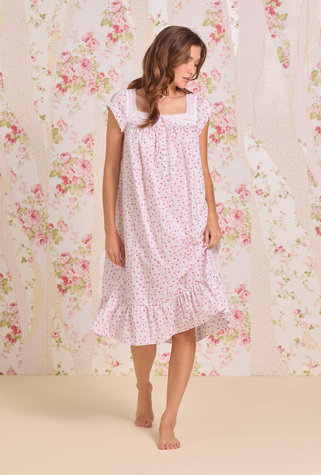 Eileen West Sweet Ditsy Cotton Lawn Cap Sleeve Waltz Nightgown
