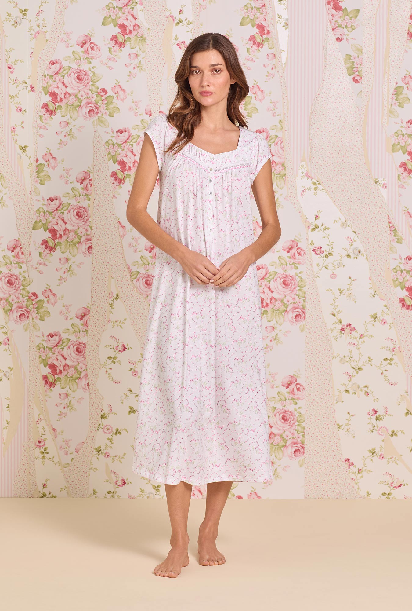 Eileen West Rosevine Ditsy Cotton Knit Cap Sleeve Ballet Nightgown