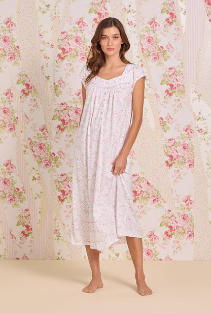 Eileen West Rosevine Ditsy Cotton Knit Cap Sleeve Ballet Nightgown
