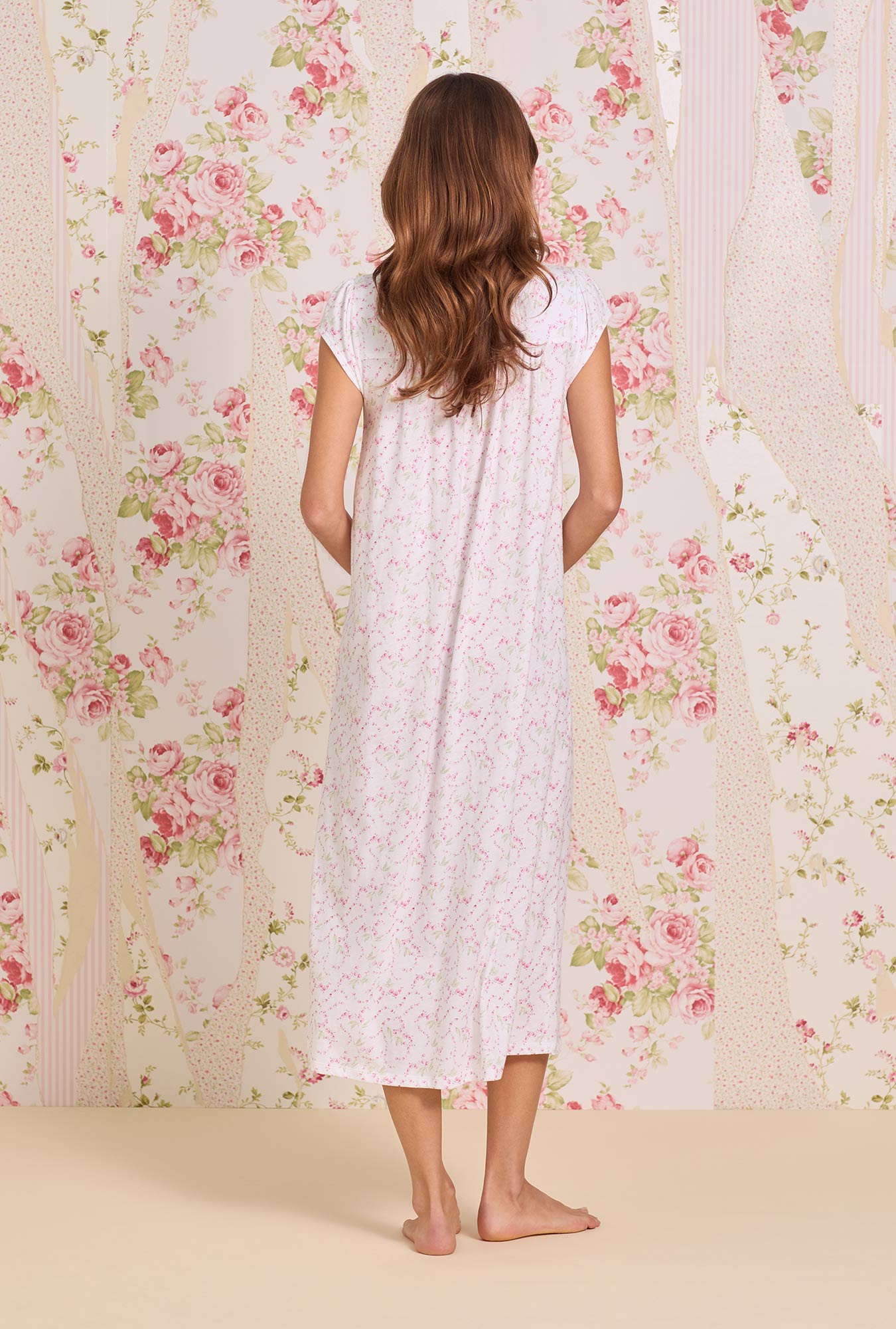 Eileen West Rosevine Ditsy Cotton Knit Cap Sleeve Ballet Nightgown