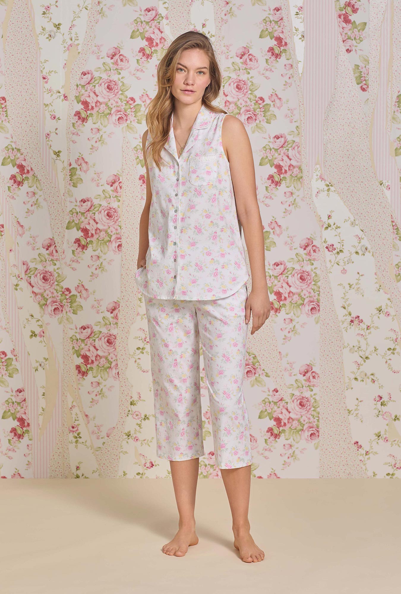 Eileen West Sunlit Roses Cotton Knit Capri Pajama