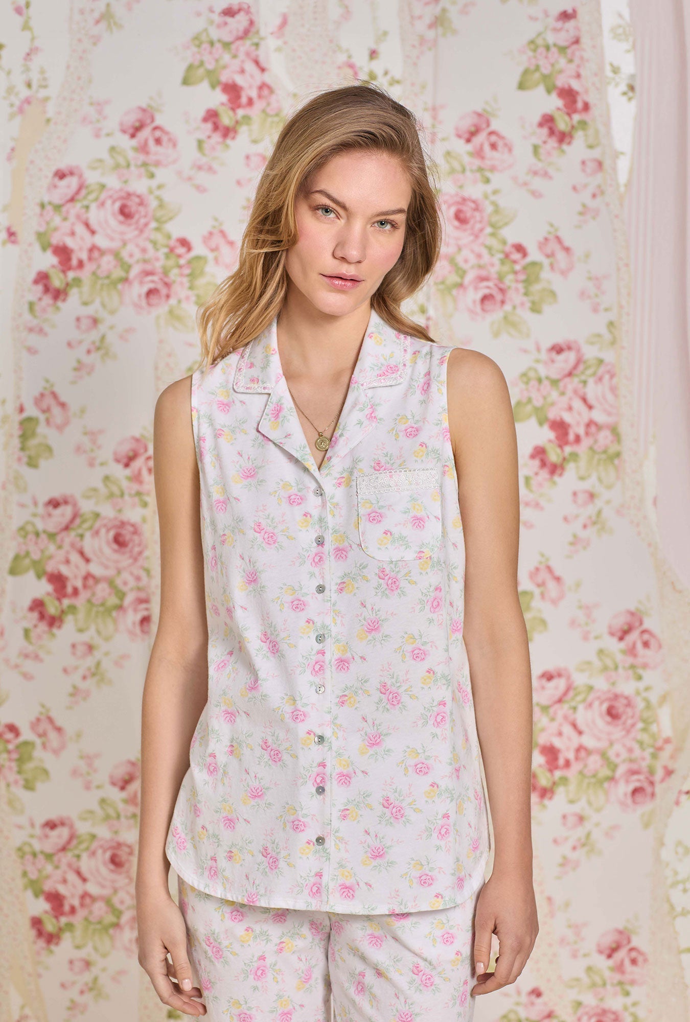 Eileen West Sunlit Roses Cotton Knit Capri Pajama