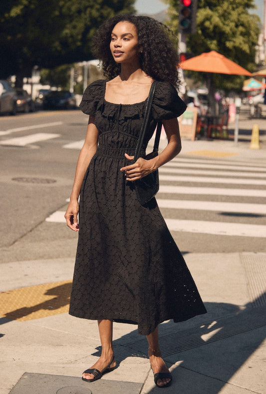 Eileen West Catalina Iconic Black Cotton Eyelet Maxi Dress