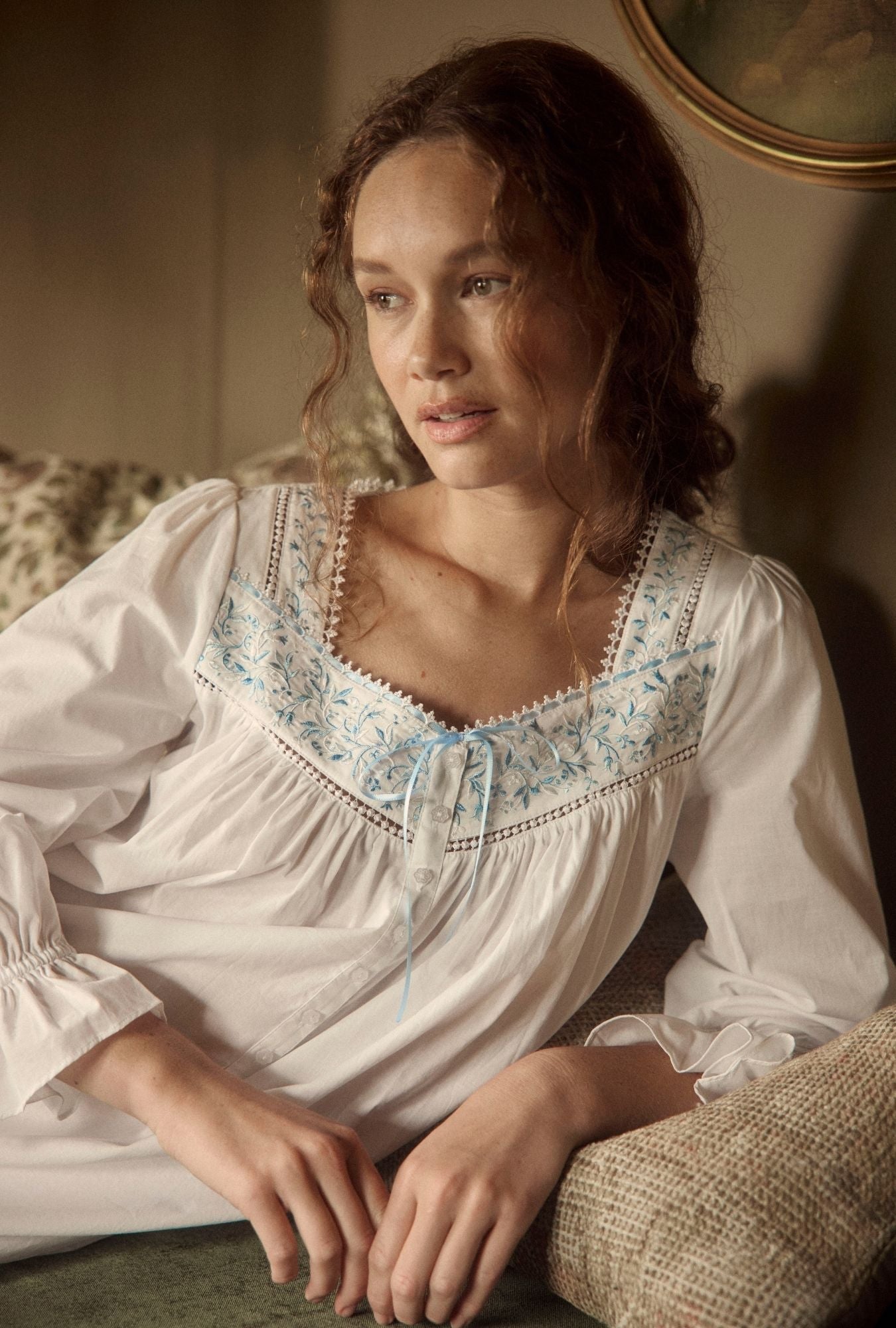 Eileen West Iconic White Cornflower Embroidery Cotton Lawn Long Sleeve Ballet Nigh
