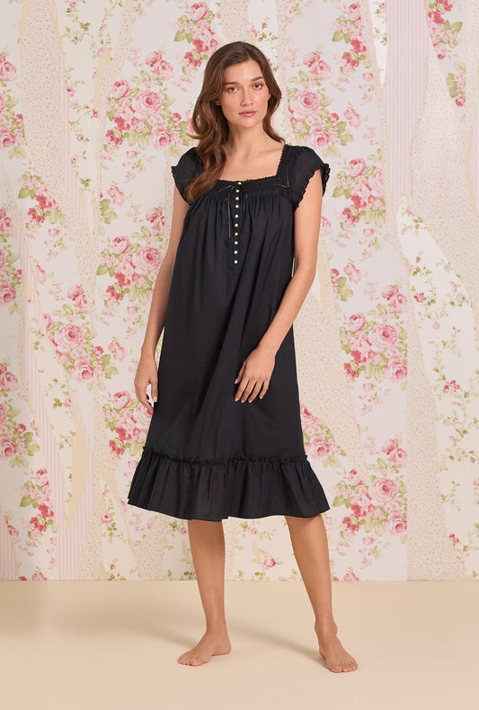 Eileen West Iconic Black Cotton Lawn Cap Sleeve Waltz Nightgown