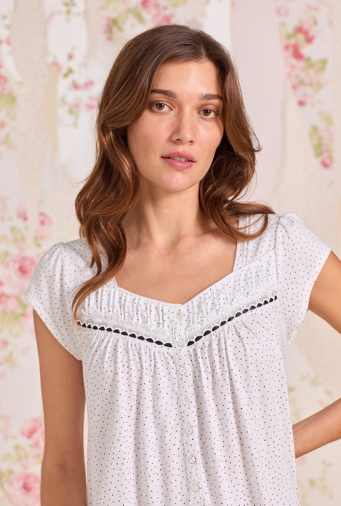 Eileen West Classic Dot Cotton Knit Cap Sleeve Chemise
