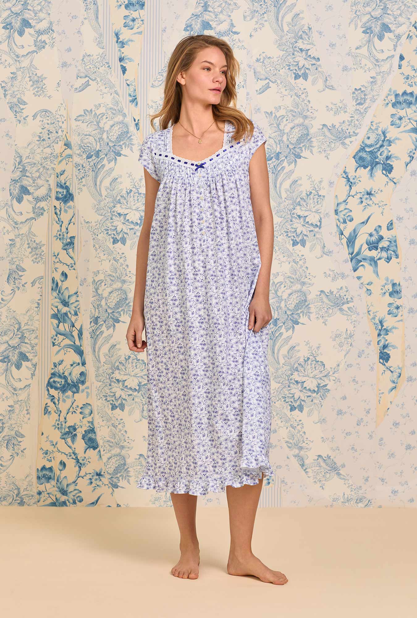 Eileen West Navy Vine Cotton Knit Ballet Nightgown