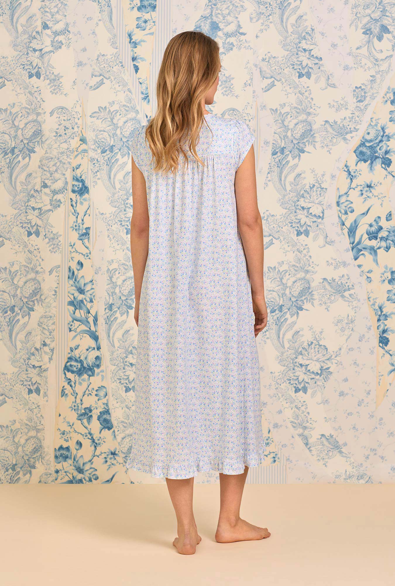 Eileen West Blue Ditsy Cotton Knit Ballet Nightgown
